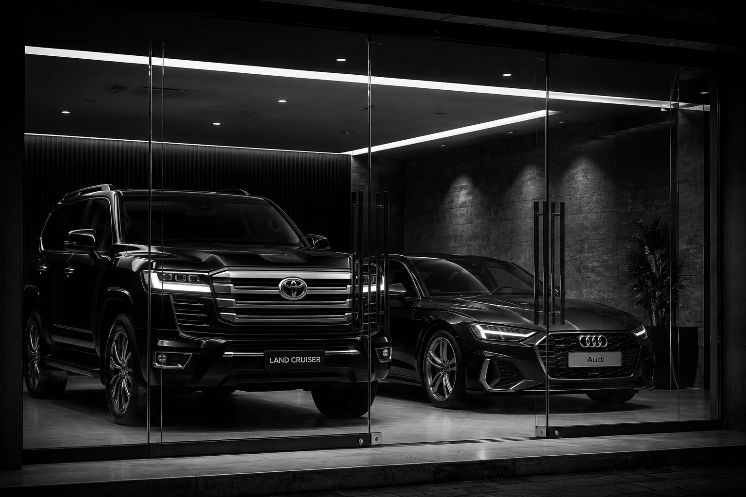 Toyota Land Cruiser and Audi sedan in the Platinum Executive Travels luxury car rental showroom in Lahore